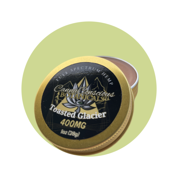 a round container with a label toasted glacier balm